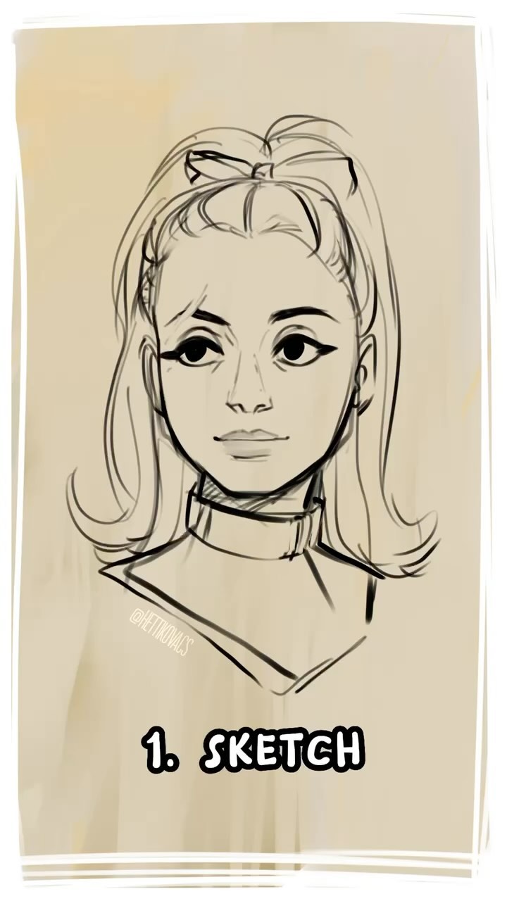 the image shows a line sketch of a girl with her hair in a ponytail. the sketch is simple, with minimal detail, and is done in black and white. the background is a light beige color.  the words "1. sketch" are prominently displayed below the drawing. the overall style suggests a digital drawing or illustration.