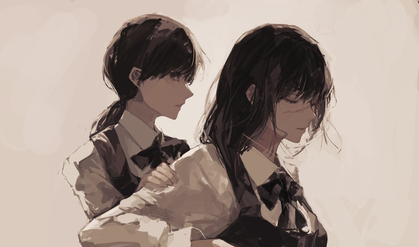 the image is an anime drawing featuring two young women, both dressed in white shirts, black vests, and bow ties. one woman has her eyes closed, her head leaning against the shoulder of the other woman. the second woman has her hand resting on the first woman's shoulder, offering a gesture of support and comfort. the overall atmosphere of the image is one of sadness and solace. the color palette is muted and soft, with warm gray tones and minimal contrast. the lighting is soft and diffused, creating a gentle and melancholic mood.