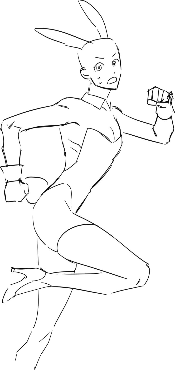 a line drawing of a woman in a bunny costume running. she is wearing bunny ears, a bodysuit, and gloves.  she is running with her legs bent and her right arm extended out.  it's a simple sketch, but it captures the energy and motion of the character.