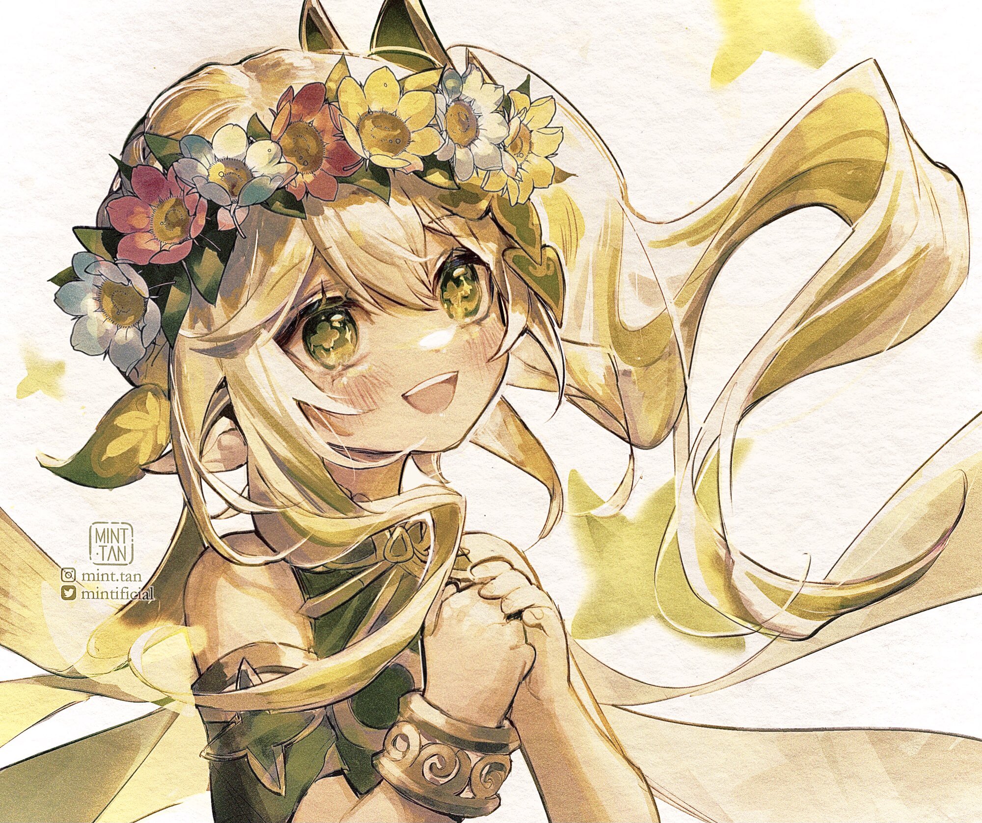 a cute anime girl with long blonde hair, wearing a flower crown and green eyes, smiles happily. she has green and white wings, giving her a fairylike appearance. the artwork is done in a digital style, reminiscent of watercolor painting. the image is filled with vibrant colors and light, creating a warm and magical atmosphere.