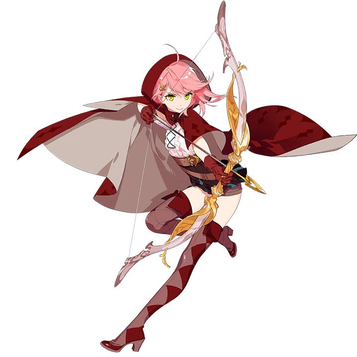 this is a digital illustration of an anime girl wearing a red hood and holding a bow and arrow, she has pink hair and green eyes and looks ready to shoot the arrow.  her legs are long and she has a graceful pose.
