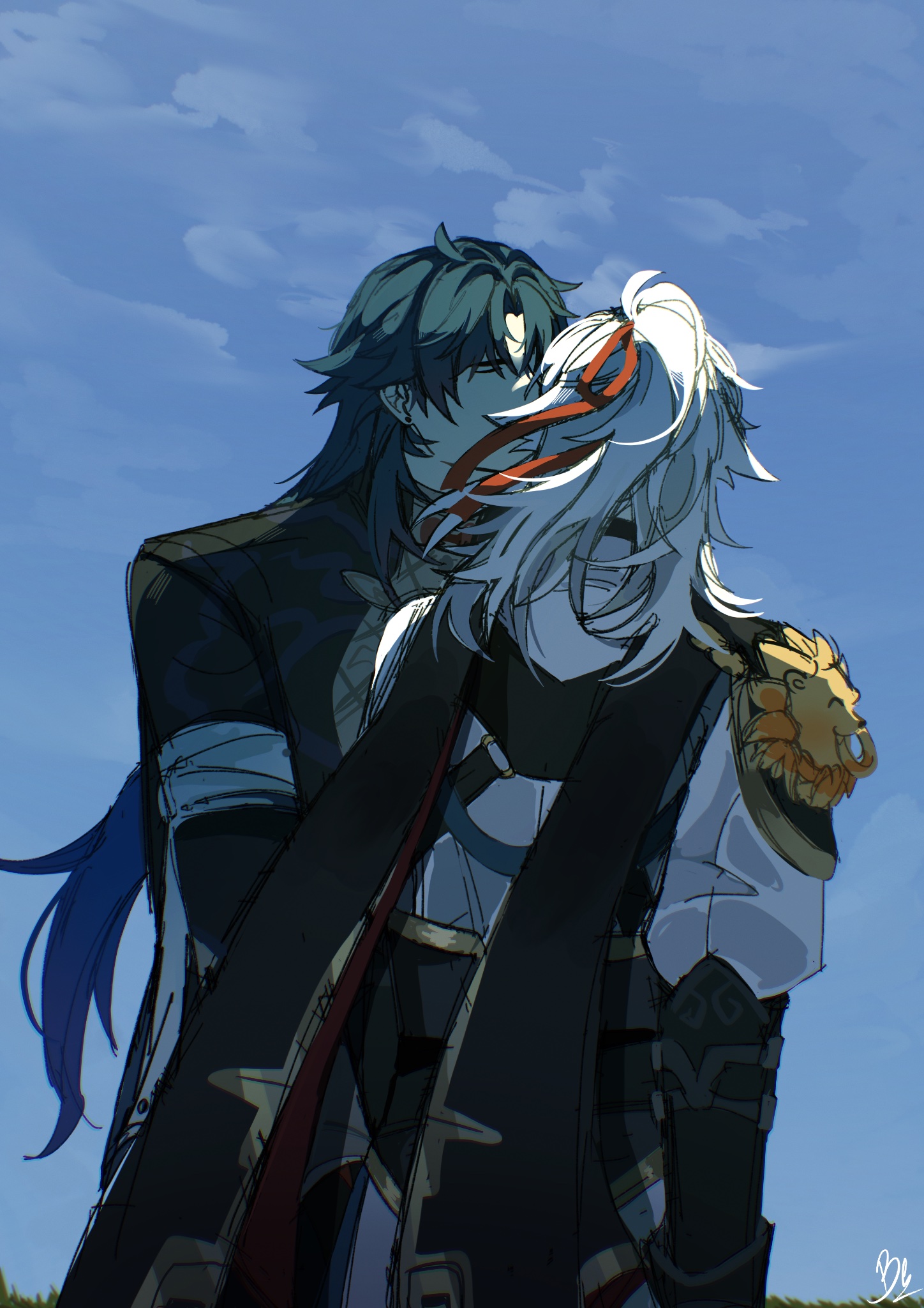 a digital illustration of itto and albedo from the game genshin impact. itto is on the left, and albedo is on the right. itto has his arms around albedo, who is looking up at him. itto is leaning down towards albedo, and they appear to be about to kiss. the background is a blue sky with white clouds.