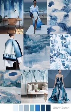 this mood board showcases a variety of blue and white textures and patterns. the image features a woman in a blue and white dress, another woman in a similar dress, and a watercolor painting of clouds and waves. the mood board also includes a minimalist interior design with a white couch and a blue and white rug. the color palette is mainly blue and white, with accents of gray. the overall vibe is contemporary, modern, minimalist, and luxurious. the mood board could be used as inspiration for fashion, interior design, or any creative project.