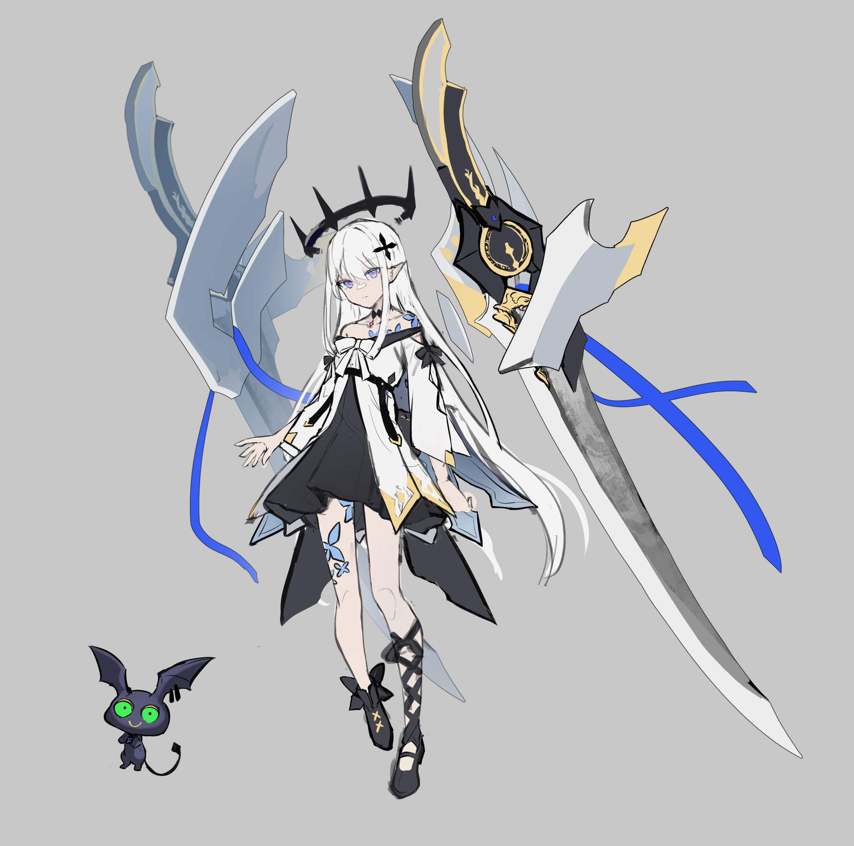 the image features an anime girl with white hair and blue eyes, dressed in a black dress and a white cape. she has a pair of white wings, thigh highs, and winged boots. behind her is a clock sword with blue ribbons. a small black demon with green eyes sits at her feet.