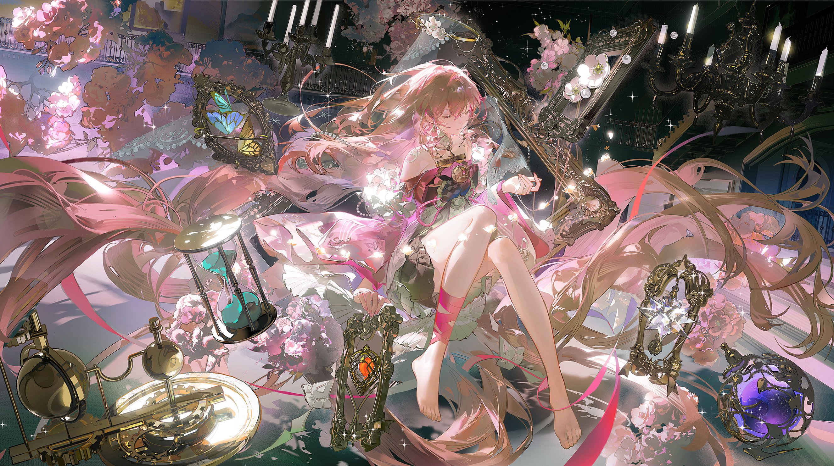 the image is a digital illustration of a young woman with long, flowing pink hair, lying amidst a cascade of flowers, sparkling jewelry, and ornate objects. she wears a delicate pink and white dress, adorned with gold accents. the background features a dark, ethereal space, with faint hints of a starry sky. the overall aesthetic is dreamy and magical, enhanced by the soft, glowing lighting and the intricate details throughout the composition.