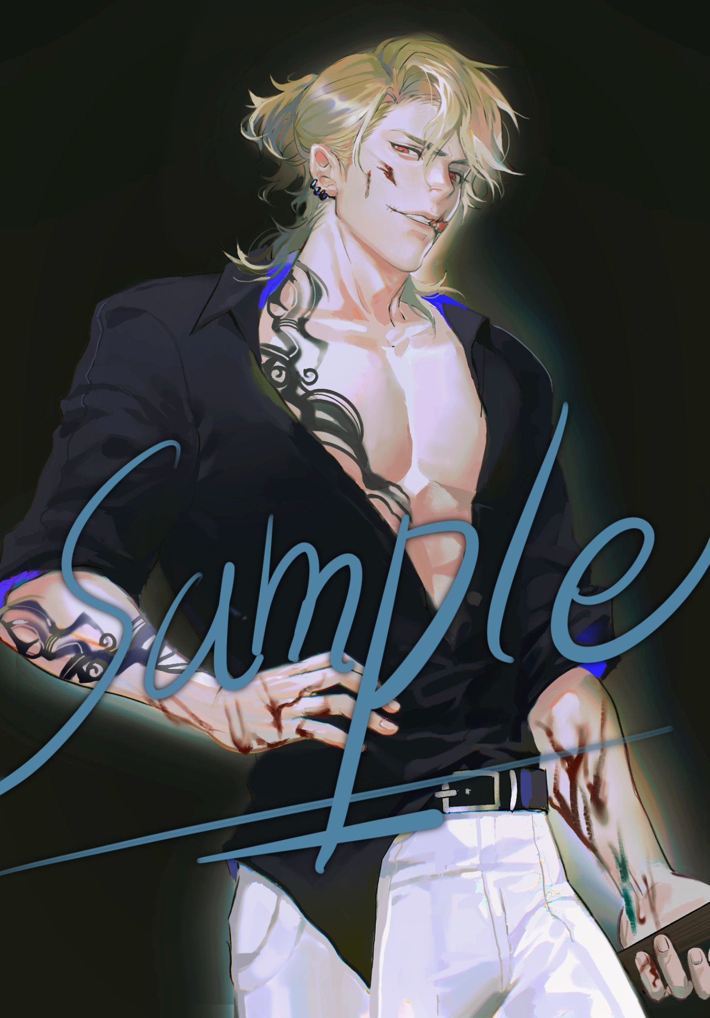 a digital drawing of an anime man with a black jacket open revealing his muscular torso covered in a tattoo. he's wearing white pants and has a smirk. the man has blond hair pulled back into a bun,  blue eyes and piercings. he has tattoos on his arms and torso. there's a  "sample" text across the image.