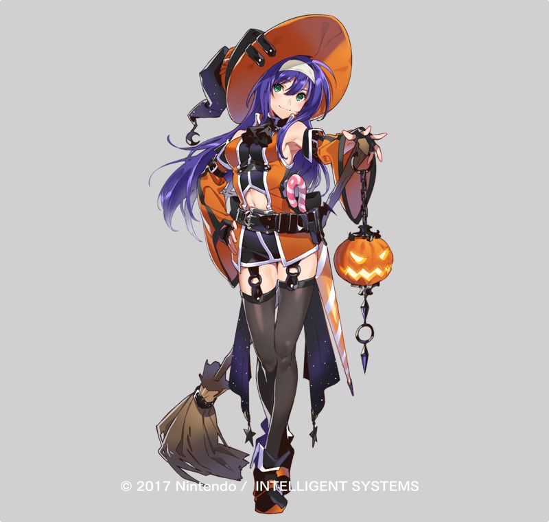 the image showcases a female anime character dressed in a festive halloween witch costume. her attire features an orange and black color scheme.  she has long blue hair and is holding a jackolantern.