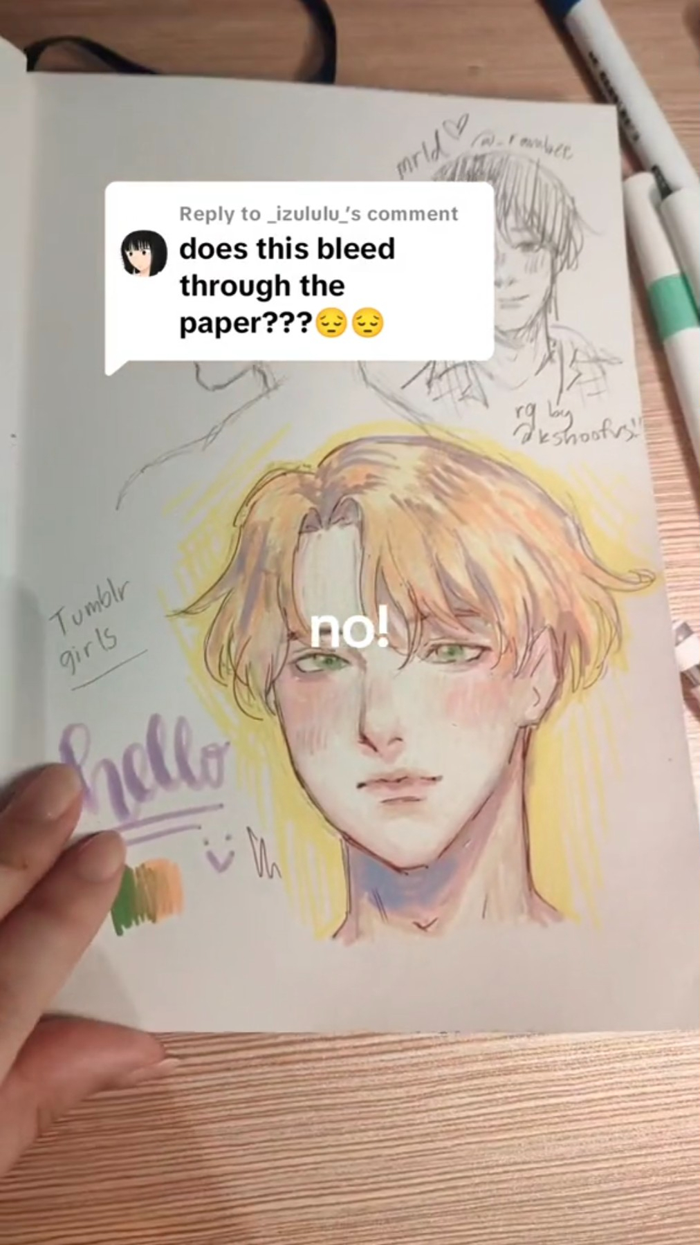 a handdrawn illustration of a young woman with blond hair. she is looking to the side with a slight frown on her face. the drawing is done on white paper with colored pencils and watercolor. the background is a yellow color and has a message written in black marker that reads "no!" and "hello." the word "tumblr girls" is written in the corner of the drawing. the image was posted on social media in response to a user asking if the drawing bleeds through the paper.