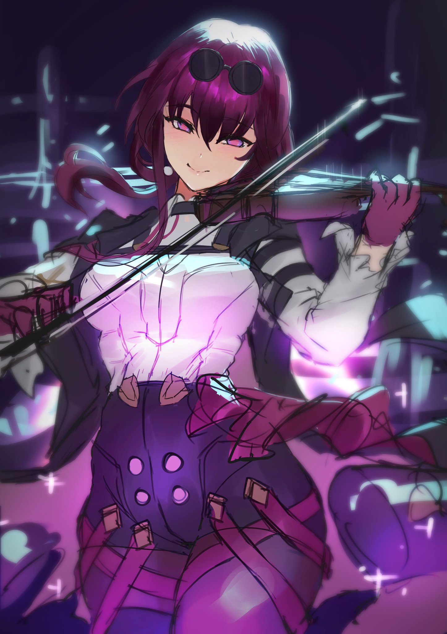 this digital illustration features a purplehaired anime girl in a fantasy setting. she is playing a violin and is adorned in a pink and white outfit with a black jacket. her left eye is visible and is a deep purple, while her other eye is obscured by her dark sunglasses. she is bathed in a blue and purple glow, and the background is a vibrant mix of purples and blues. the artwork is highly stylized with a focus on detail and an overall dreamlike quality.