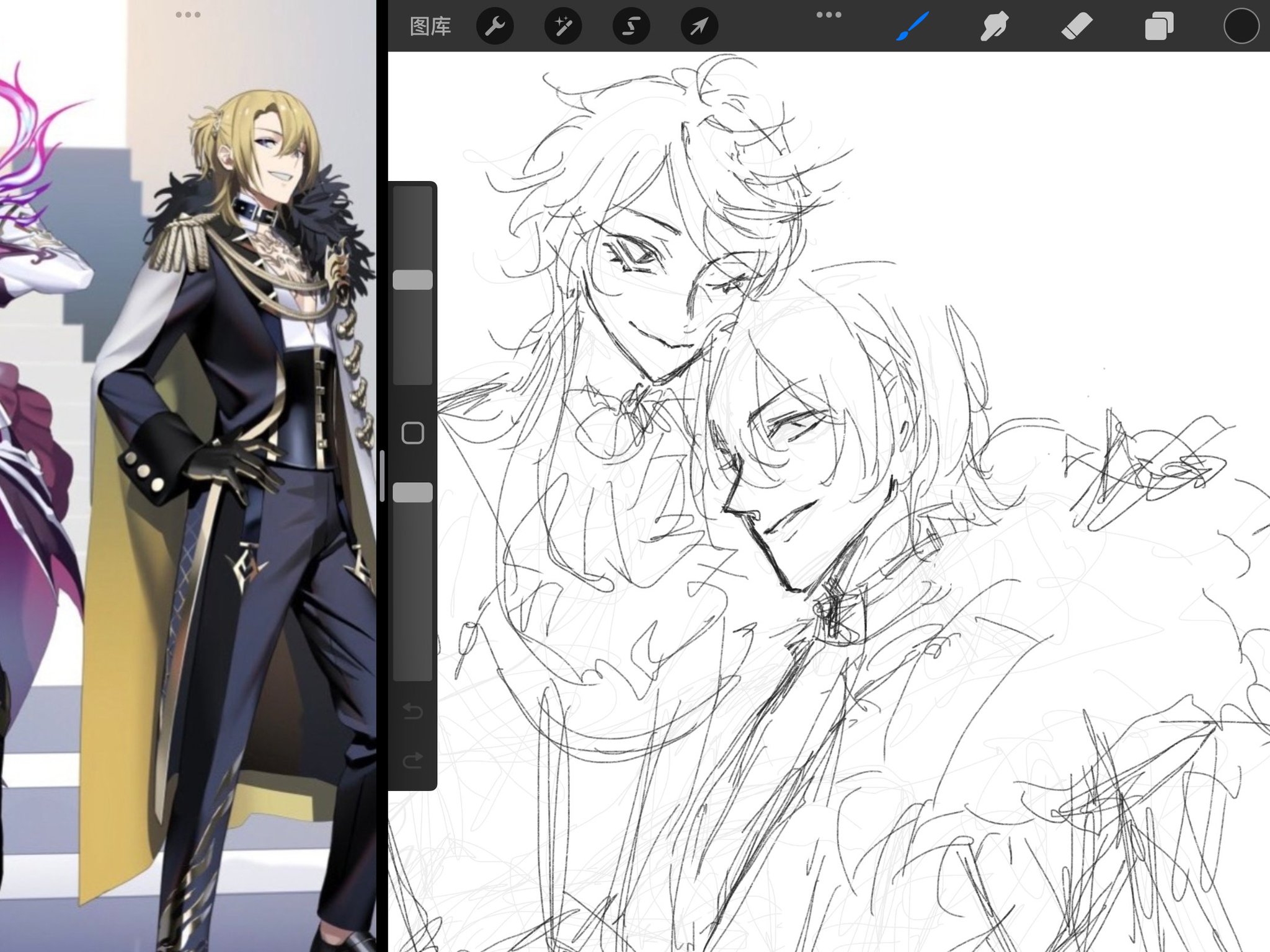 a drawing of two anime males, one with blonde hair and the other with brown hair, standing next to each other. the drawing is a sketch and is in black and white.  the image is split in half, with the finished drawing of the blonde character on the left side and the unfinished sketch of the two characters on the right side.