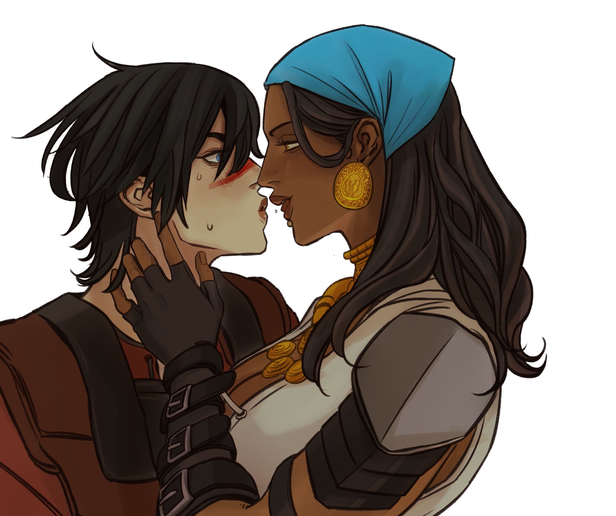 an illustration depicts two characters in a close embrace, seemingly about to kiss. one character is a woman with dark skin, adorned with a blue headscarf, golden jewelry, and a faircolored top, while the other character is a man with dark hair and wearing a red and black outfit. they are drawn in a stylized manner with defined outlines and coloring. the man's cheeks are visibly flushed, and his hand is placed on the woman's neck, indicating intimacy and affection. the woman holds the man in her arms.