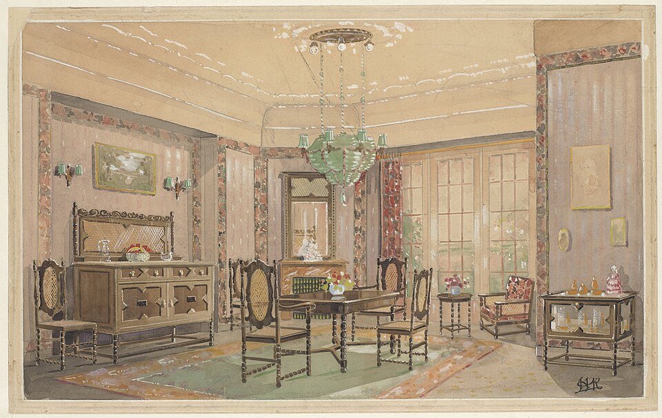watercolor painting depicting a dining room. the room features a central dining table with chairs, a sideboard against one wall, and a cabinet on the opposite side. a chandelier hangs above the table. there are paintings on the walls, wallpaper with decorative borders, and a rug on the floor. the room has large windows letting in natural light.