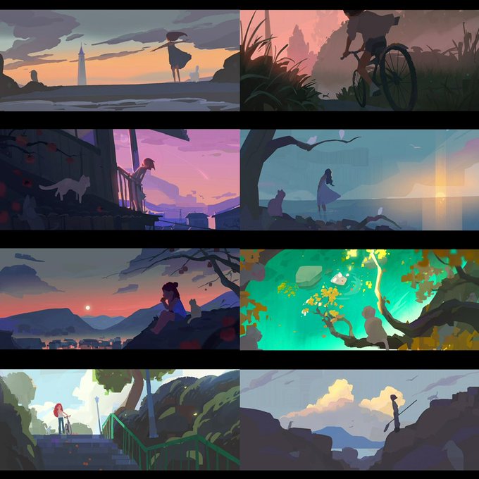 the image showcases a series of digital illustrations featuring individuals in serene and contemplative settings. each scene is rendered with soft, warm lighting, often capturing moments of sunset or sunrise.  characters, primarily young women or girls, are depicted in various poses, some accompanied by cats,  suggesting themes of solitude, reflection, and a connection with nature. the environments range from idyllic seaside villages to lush forests and tranquil hills. the overall aesthetic evokes a sense of nostalgia and tranquility.