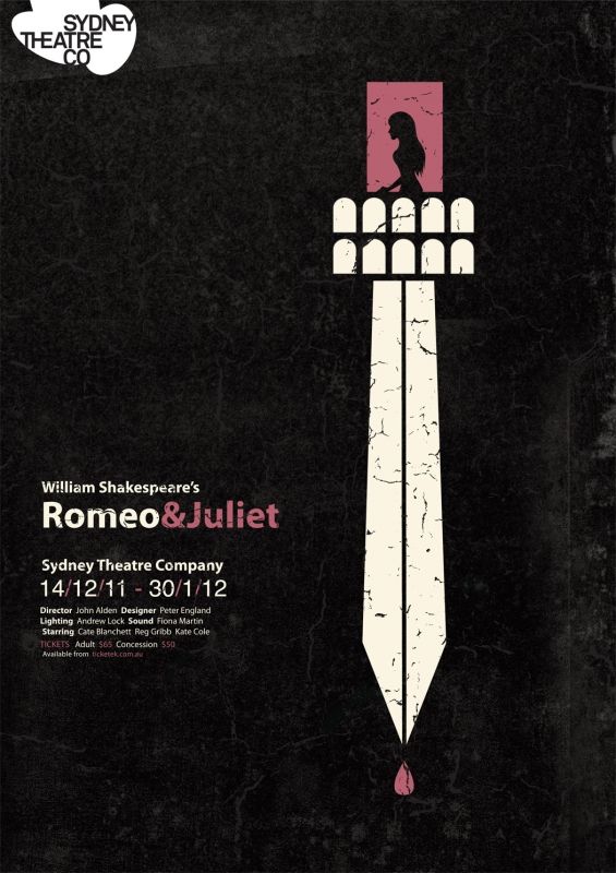 this is a poster for a production of william shakespeare's romeo & juliet, performed by the sydney theatre company. the poster features a stylized image of a tower with a silhouette of juliet standing at the top, alluding to the famous balcony scene. the tower is designed to resemble a dagger, with a small drop of blood at the tip, symbolizing the tragic end of the play. the production dates (14/12/11  30/1/12) and company logo are also displayed, along with key personnel like the director, designer, and starring actors.