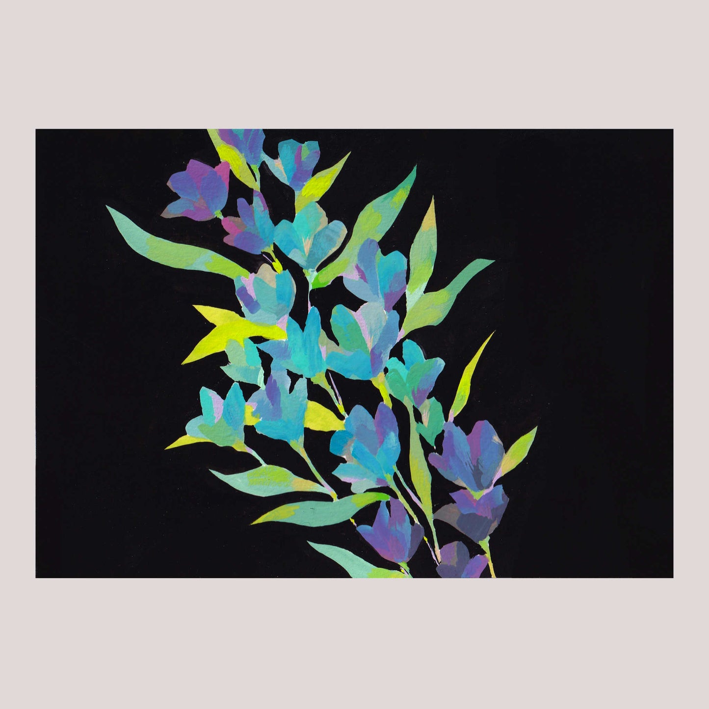 the image is an abstract painting of a stylized floral arrangement.  the painting features a cluster of blue, teal, and purple flowers with vibrant green leaves, all rendered in a loose, expressive style that suggests watercolor or gouache. the flowers are not realistic depictions but rather simplified shapes and forms. the dark black background provides a strong contrast that makes the colorful flowers stand out. the overall style is modern and contemporary, with a focus on color and texture rather than precise botanical accuracy.