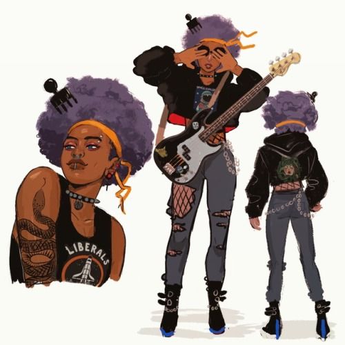 this illustration shows a black woman with purple hair and a yellow headband playing a bass guitar. the woman is dressed in a black tank top, black jacket, ripped jeans, and boots. there are two other figures in the image. one is a close up of the woman's face and the other is a full body view from behind.