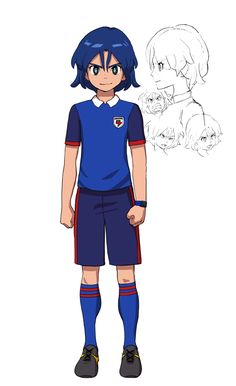 the image showcases the character design of a young, athletic boy dressed in a blue and red soccer uniform. he has short, spiky blue hair and a determined expression on his face. the character is set against a plain white background, with soft lighting that emphasizes his features and the vibrant colors of his uniform.  there are sketches of the character's head from various angles next to his head. the image provides a clear front view of the character, highlighting his athletic build and confident stance.