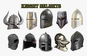 the image showcases a collection of nine meticulously crafted knight helmets set against a pristine white backdrop. each helmet, forged from metal, represents a distinct style and period, offering a glimpse into the evolution of medieval armor. the helmets, rendered in shades of metallic gray, exude an aura of strength, resilience, and the weight of history.