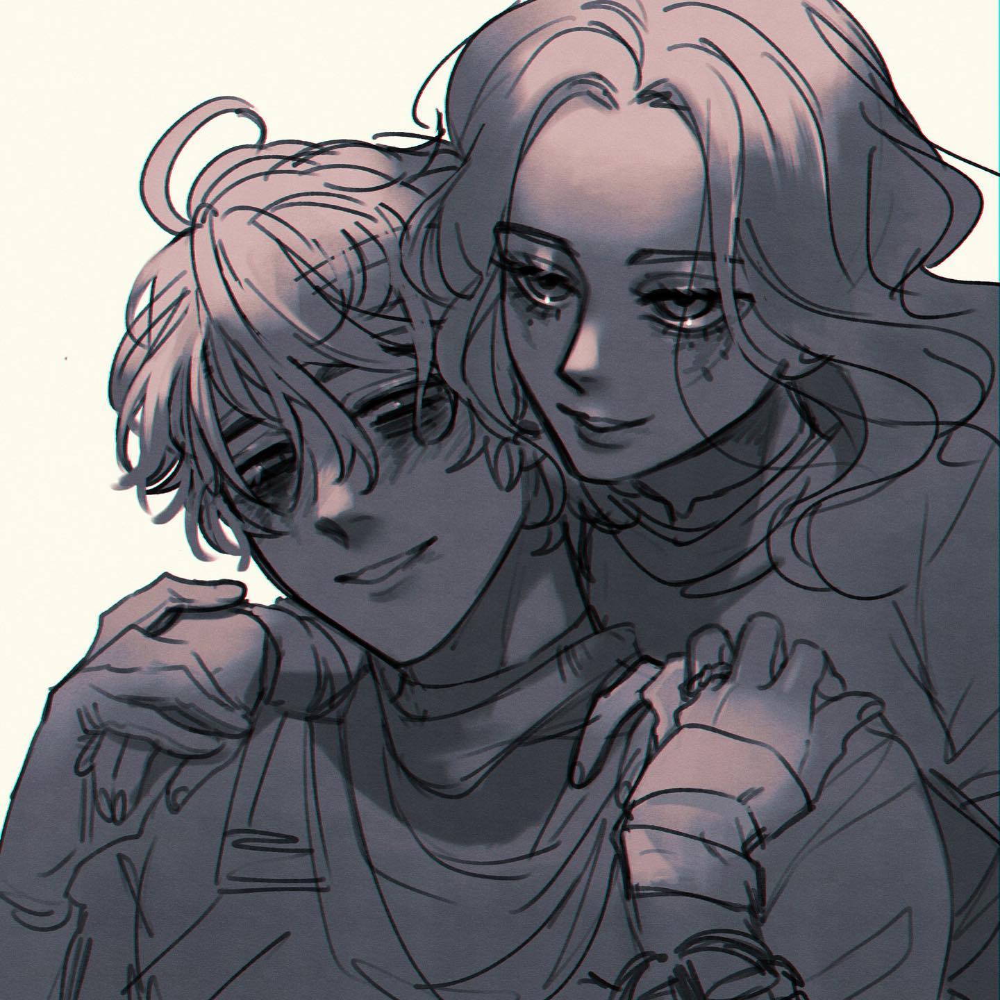 the image is a digital drawing or artwork in a grayscale style that depicts a tender moment between a young man and a young woman.  they are embracing closely, with the woman's arms around the man's shoulders and her hands resting gently on his arms. the man has short, slightly tousled hair and the woman has long, flowing hair. their eyes are expressive, conveying a sense of intimacy and affection.  the overall style of the art is soft and slightly melancholic, with attention to detail in their facial features and clothing.  the artwork evokes a feeling of closeness and emotional connection.