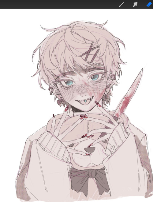 this is a digital illustration of a young anime boy. he has blond hair and blue eyes. he is wearing a white jacket with a black bow. he is holding a teddy bear in his hands. the teddy bear has blood on it and the boy has a knife in his other hand.  his face is covered in blood and there are blood splatters on his clothes.  he has a piercing on his lip.  the background is white.