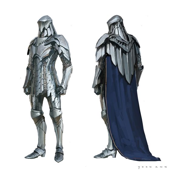 two views of a knight in silver plate armor with a dark blue cape are shown on a plain white background. the armor is highly detailed and appears metallic, while the cape has a soft, flowing appearance. the knight's helmet completely obscures the head, and the overall design evokes a sense of power and mystery.
