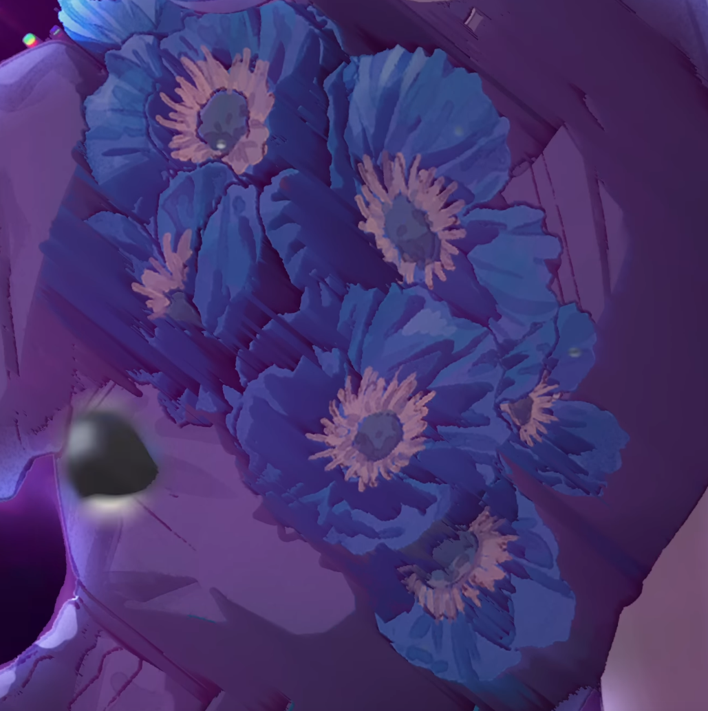 closeup of a collection of vibrant blue flowers adorning a purple surface, potentially a head or a hat. the flowers are tightly clustered, showcasing their delicate petals and yellow centers. the purple backdrop provides a contrasting background, emphasizing the vividness of the blue blooms.