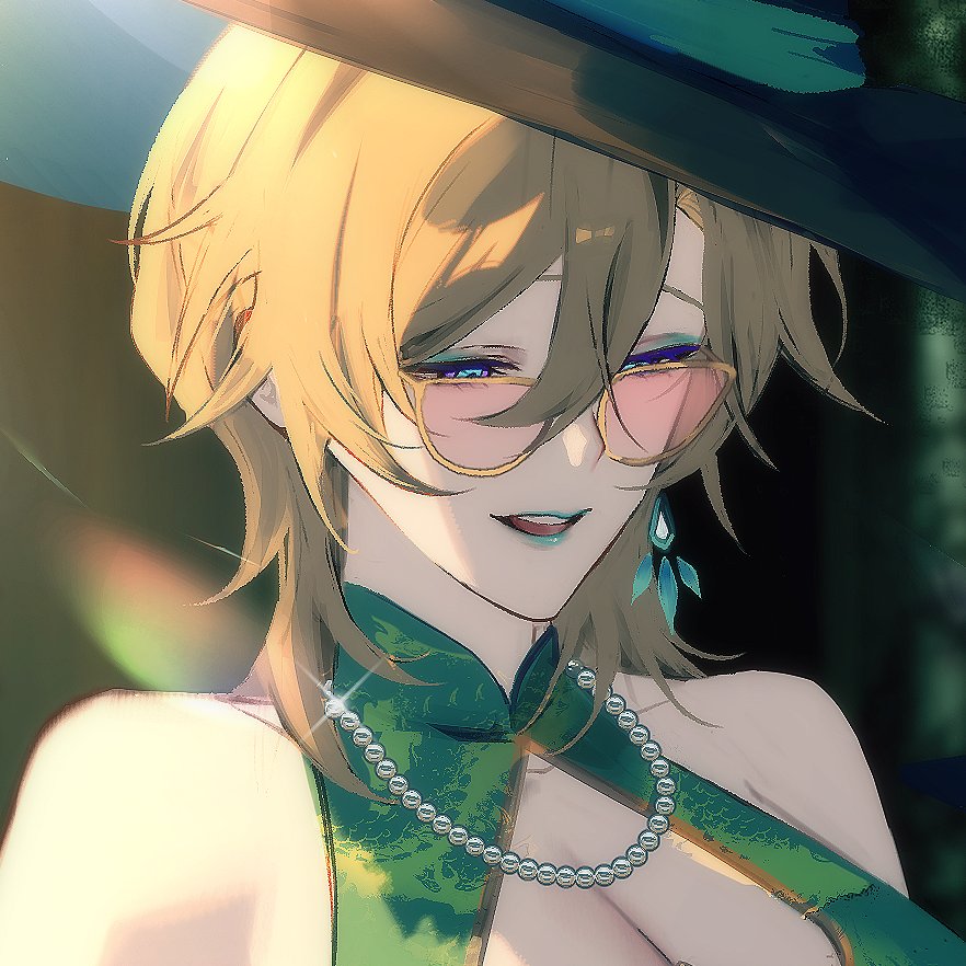 a digital illustration of an anime girl with blonde hair wearing a large green hat, sunglasses, and a green top. she's smiling and looking to the right of the image.