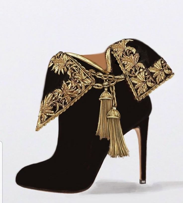 a black suede boot with gold embroidery around the top, and two gold tassels hanging from a gold chain. the boot has a tall, thin high heel.