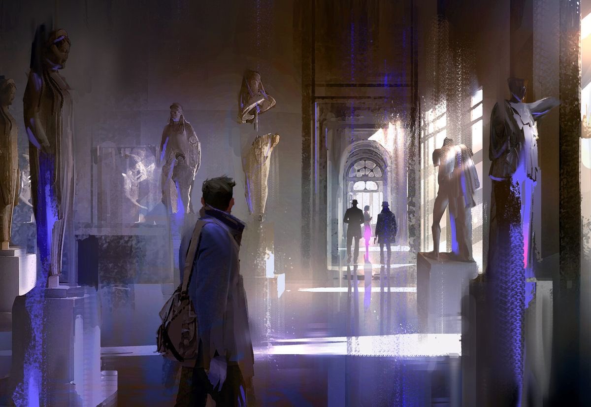 a man walks through a museum, gazing at the various sculptures on display. the lighting is a mix of natural and artificial, casting long shadows and illuminating certain parts of the statues. the museum has a grand, classical feel with high ceilings and large windows.