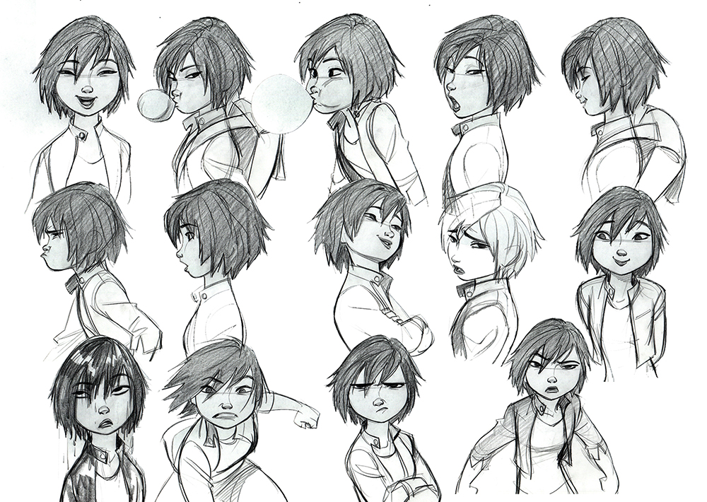 a collection of black and white sketches depicting various expressions of the same character. the character is drawn in a cartoon style and appears to be a young person with short hair and a backpack. they are shown from different angles and with different emotions, including happiness, anger, sadness, and surprise. the drawings are done in pencil and have a loose, expressive quality.
