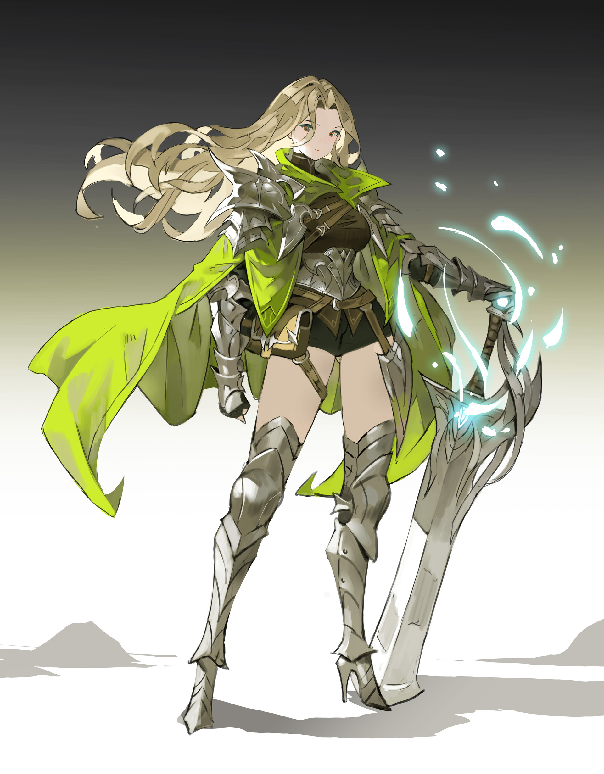 an animestyle illustration of a female warrior with long blonde hair, wearing silver armor and a bright green cape, holding a large sword with magical effects emanating from it.