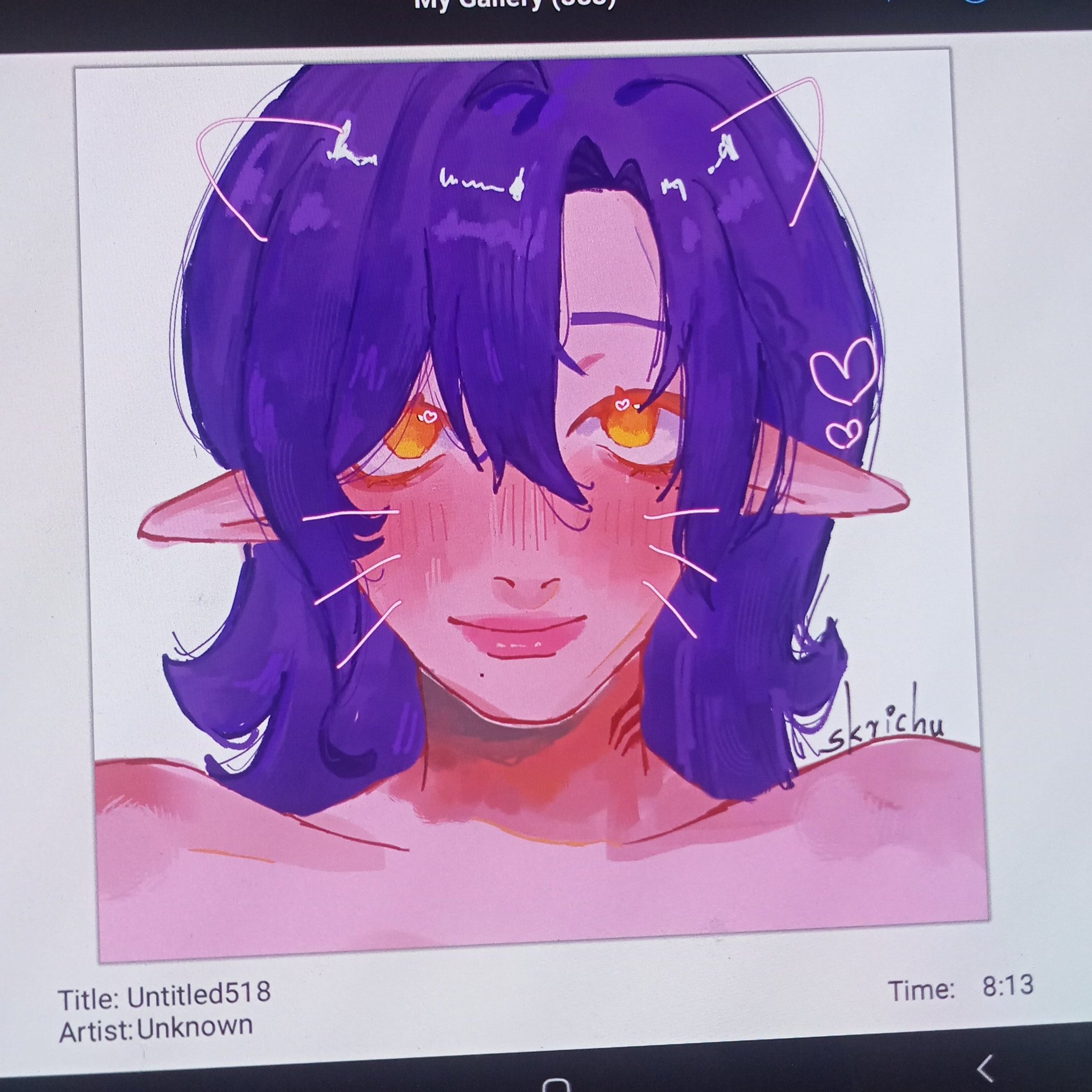 a digital illustration of a cartoon girl with purple hair and cat ears. she is smiling and has yellow eyes.