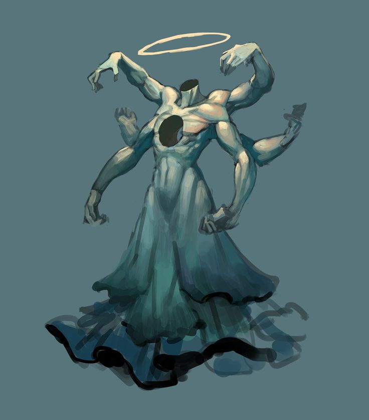 this is a digital painting of a headless angellike creature. it has multiple arms, wings, and a halo. it is wearing a long, flowing robe and appears to be dancing or moving. the creature has a dark, eerie, and mysterious feel to it.