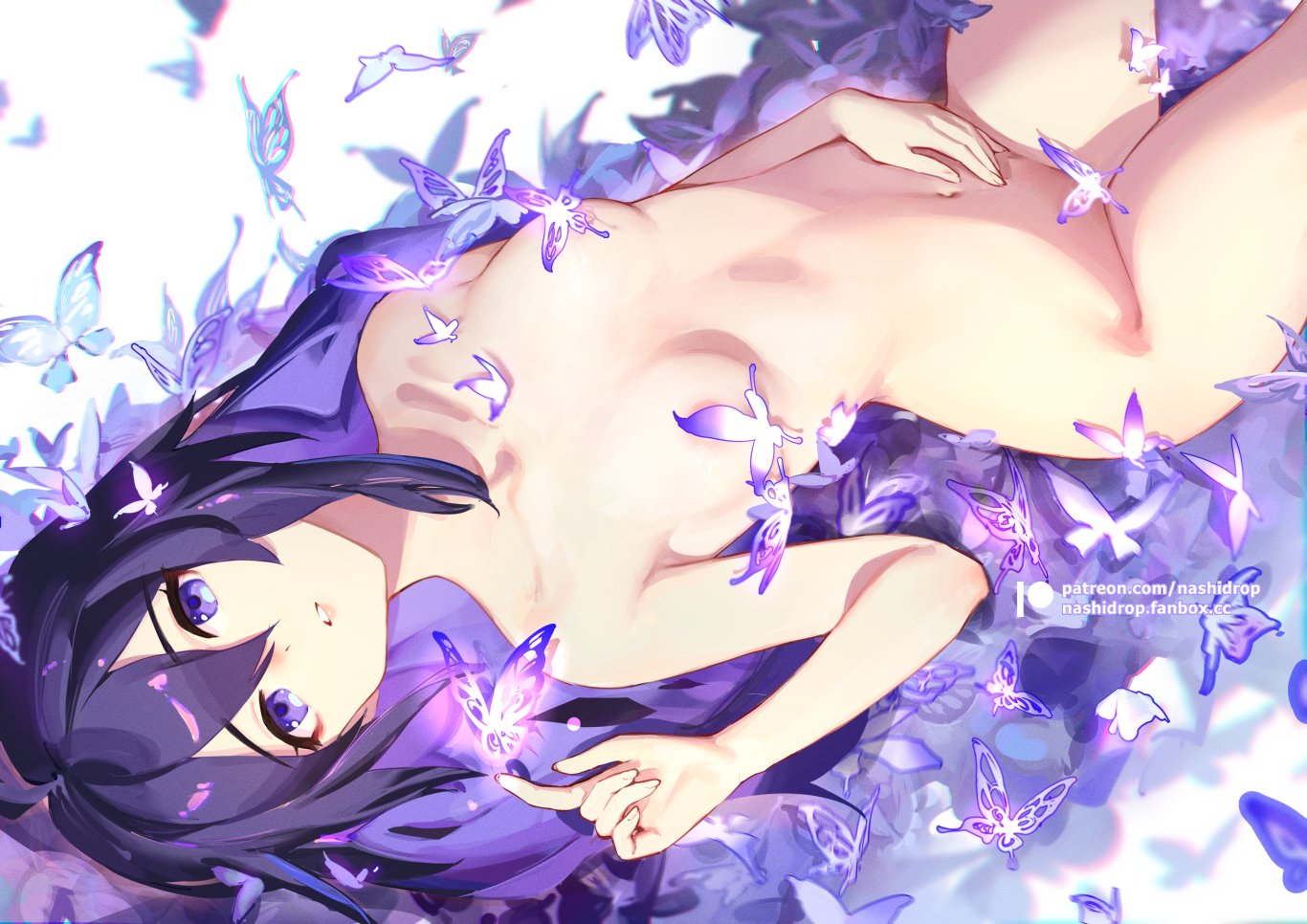 the image is a digital painting of a young woman with long dark purple hair, lying on her back, partially nude, surrounded by purple butterflies. she has blue eyes and pale skin, and her expression is peaceful and serene. the butterflies are various sizes and appear translucent, adding to the ethereal quality of the artwork. the overall style is soft and dreamlike, with the color palette dominated by various shades of purple and white.  the artist's patreon and fanbox information is subtly placed in the lower right corner.