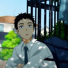 the image features a young man, likely a student, drawn in an anime style. he is wearing a white shirt and dark blue tie, suggesting a school uniform. he sits with a blue backpack beside him, possibly taking a break. the setting appears to be a residential street, with a house and lush green foliage in the background. sunlight filters through the leaves, casting a dappled pattern of light and shadow on him and his surroundings. his expression is contemplative, hinting at a moment of quiet reflection.
