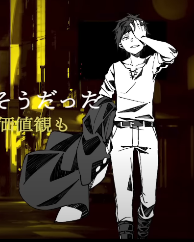 the image showcases a confident young man striding through a city at night. rendered in a black, white, and yellow color scheme, he sports a stylish outfit consisting of white pants, a white vneck shirt, and black boots. he carries a dark coat over his shoulder and has a smirk on his face. the background features blurred city buildings, illuminated by artificial lights, creating a cool and stylish atmosphere.