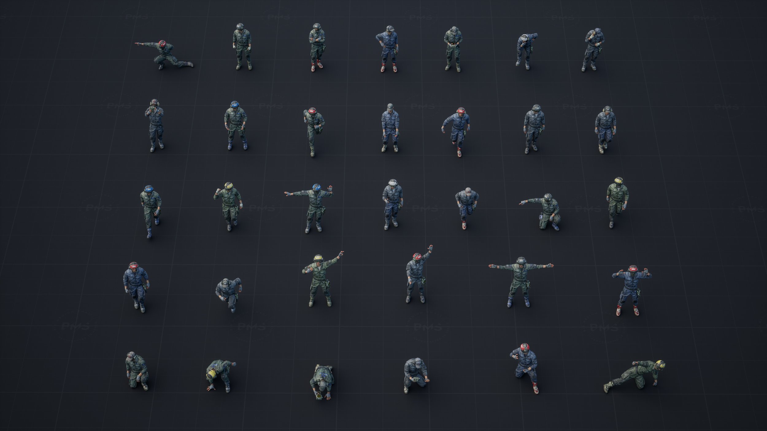 an overhead shot reveals a meticulously arranged grid of 3drendered soldier figurines.  each figure is uniquely posed, exhibiting a variety of actions—from standing at attention to crouching and gesturing. they are clad in detailed camouflage uniforms and appear to be armed, although weapon details are not entirely clear from this view. the background is a simple, dark gray grid, providing a stark contrast to the intricately rendered figures. the overall composition suggests a game asset preview or a military simulation display.