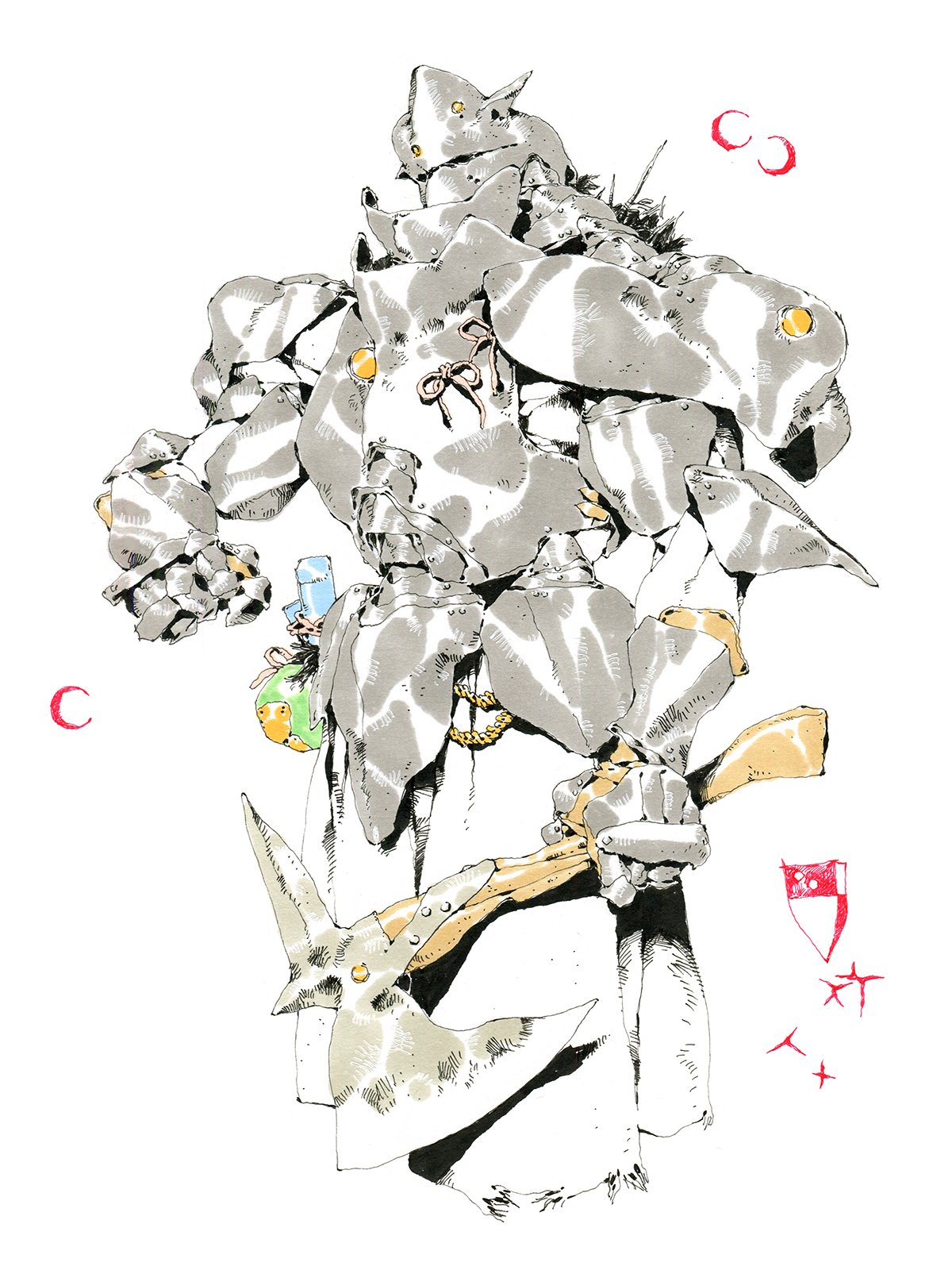the image showcases a highly detailed ink drawing of a futuristic warrior clad in heavy armor. the armor appears to be a blend of mechanical and traditional elements, suggesting a scifi fantasy setting. the warrior carries a large axelike weapon and has smaller tools and vials attached to their belt. the overall style is reminiscent of concept art, with a focus on line work and texture. the color palette is primarily grayscale, creating a sense of grittiness and realism.