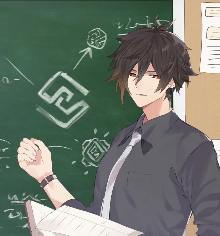 an anime boy with black hair is standing in front of a chalkboard, pointing to a symbol and teaching a lesson.  he is dressed in a grey shirt and white tie, holding a book. the blackboard is filled with drawings and math equations.