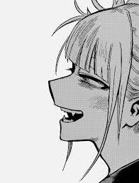 black and white profile sketch of the anime character himiko toga from my hero academia, showing her with a mischievous expression.