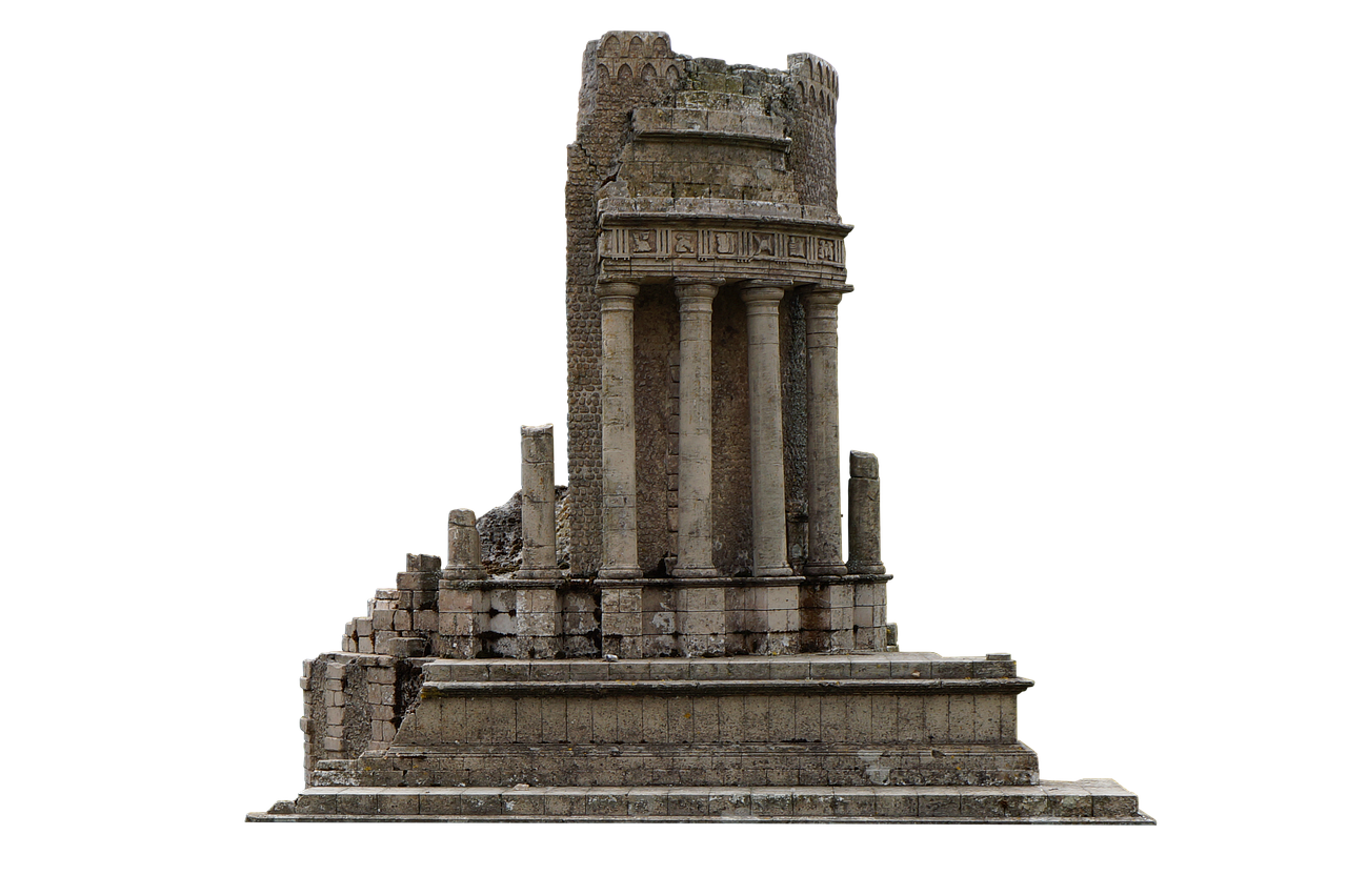 this is an image of the mausoleum of ateban, an ancient roman monument and ruins located in north africa. the architectural structure consists of stone, columns, and detailed design. it is isolated on a black background.