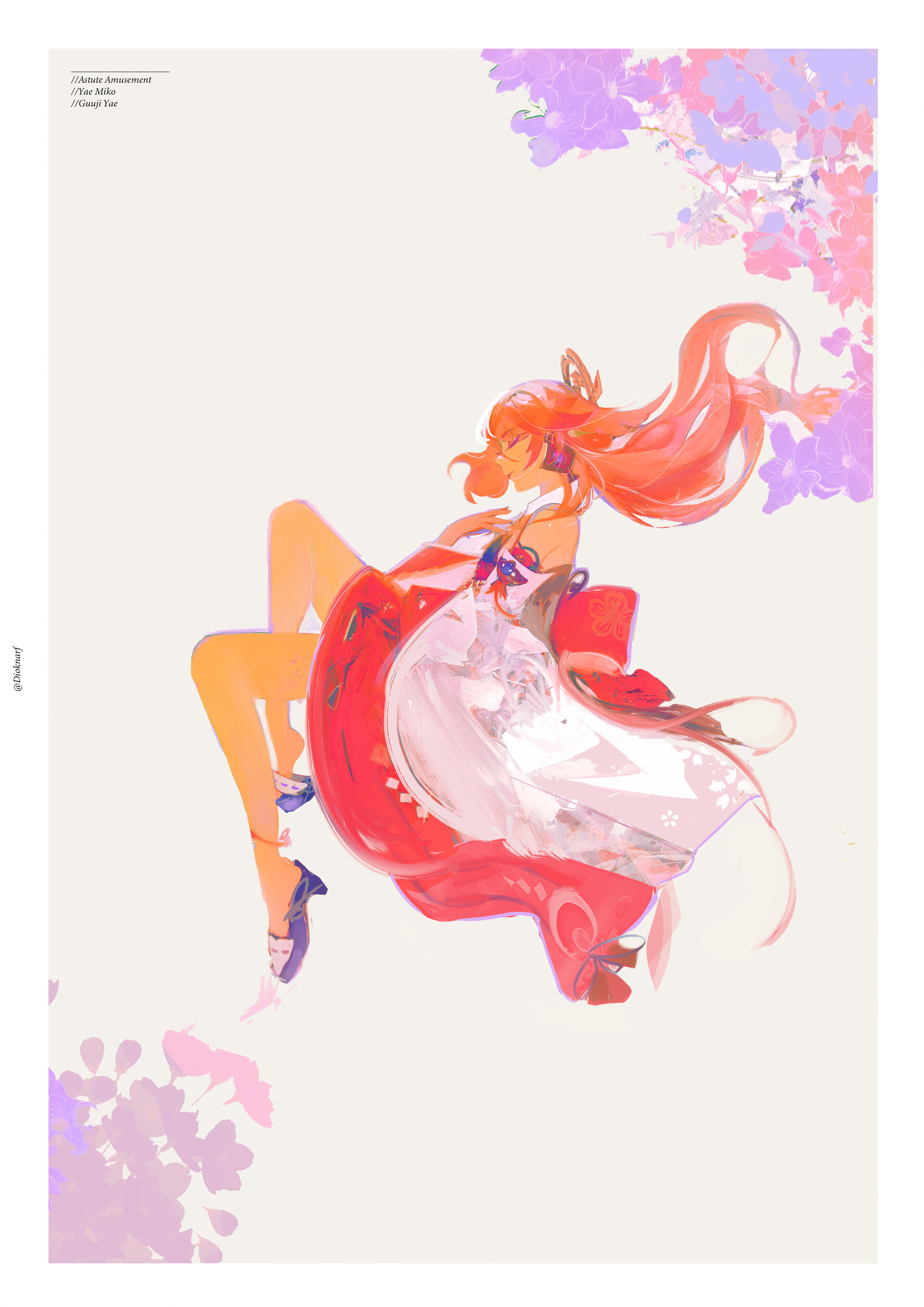 young woman with long orange hair, wearing a red and white dress, is depicted floating in the air, surrounded by purple and pink flowers. the background is a pale yellow, creating a soft, dreamy atmosphere. the woman's eyes are closed, and her hair flows behind her, giving the impression of movement and grace. the illustration is in a digital art style, characteristic of anime and fantasy themes.