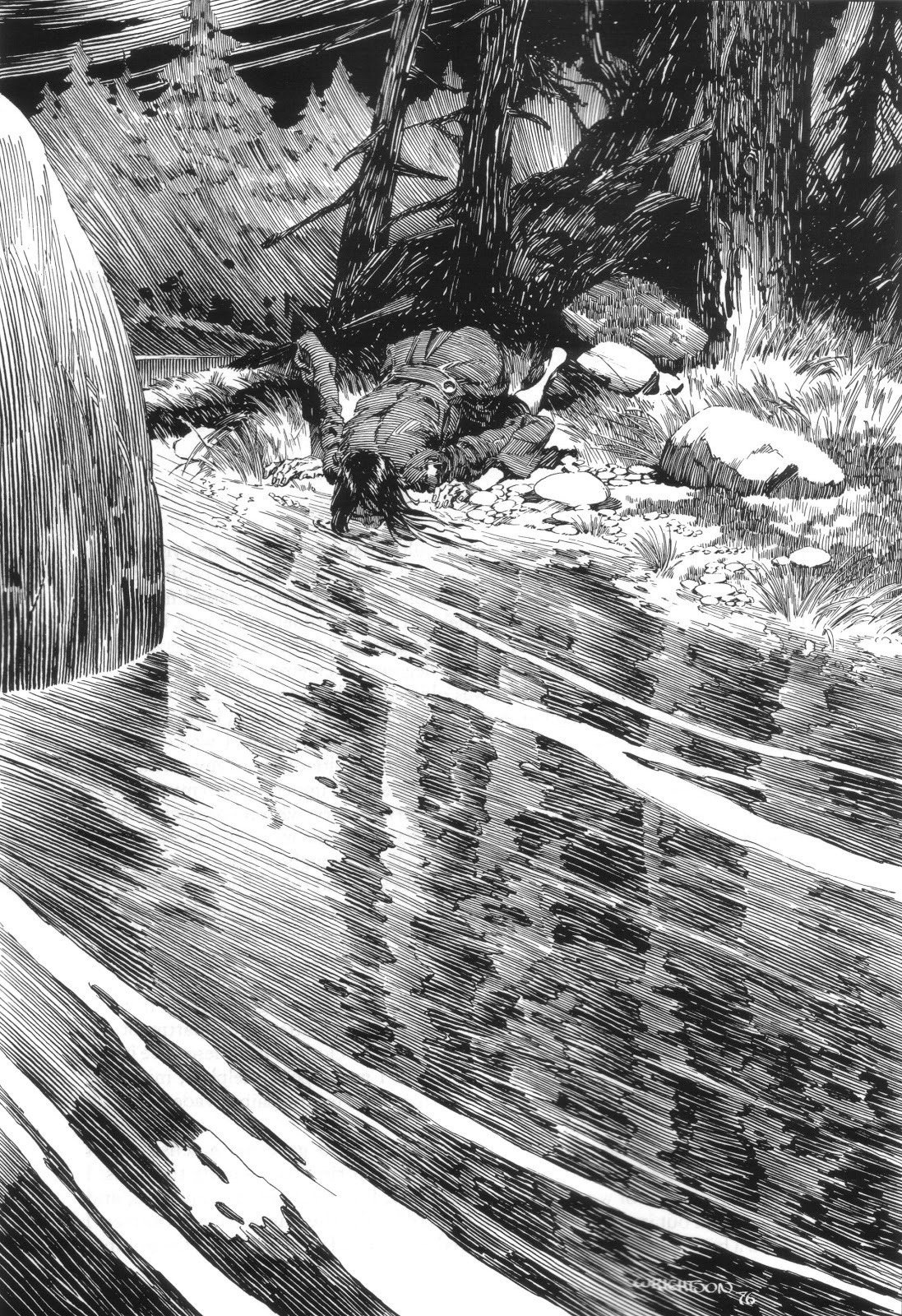 the image is a highly detailed black and white illustration of a man struggling to crawl out of a rushing river. the scene is set in a dense forest, with tall trees lining the riverbank. the lighting is dramatic, with a spotlight effect highlighting the man and the churning water. the man's desperation is palpable in his posture and the way his hands claw at the rocky shore.