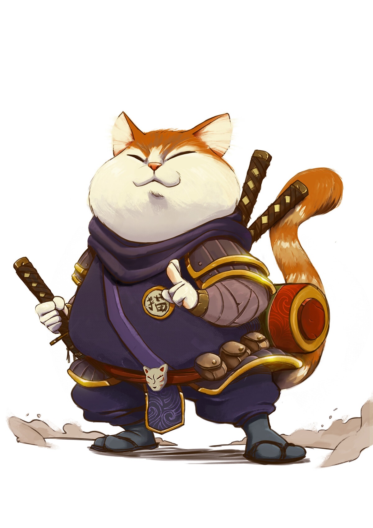 a chubby ginger tabby cat dressed as a samurai stands on a dusty ground with two swords sheathed on his back. he wears a purple samurai garb with gold accents. a red drum is strapped to his side, and his face has a content, smug expression.  the overall lighting is soft and diffused.