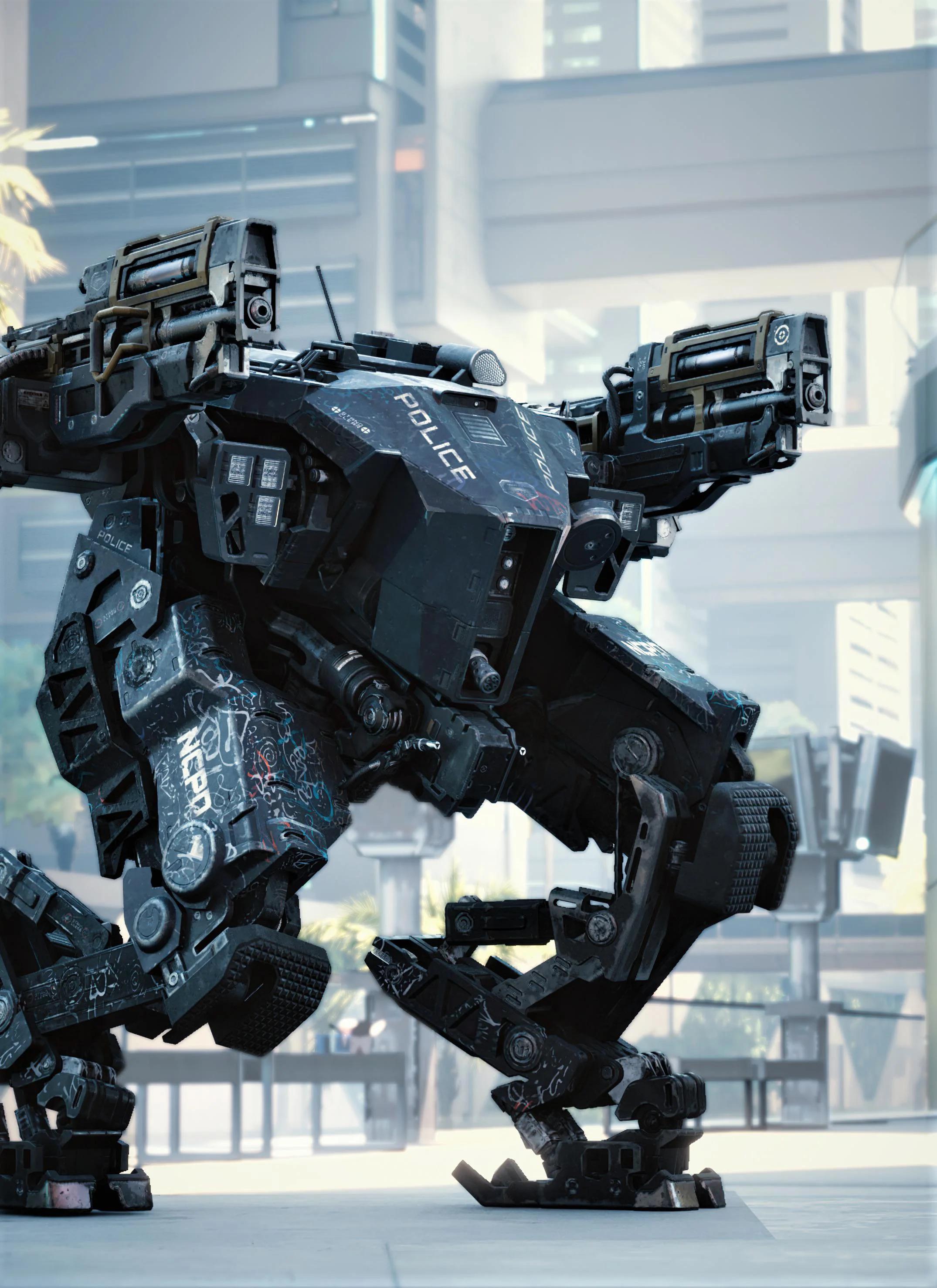 a futuristic police robot stands in a city, its armor is worn and its metal body is covered in graffiti. the robot's weapon is pointed forward, and its legs are bent in a menacing posture. the robot's eyes glow, and it appears to be ready for action. the background is blurry, but it seems to be a city street. the robot is facing the left side of the image, and the right side is blurry.