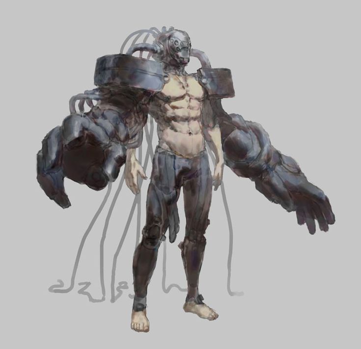 a digital illustration of a  futuristic, humanoid cyborg with large robotic arms that are heavily  detailed, and a metal mask. it is a fullbody portrait of the character, standing against a plain gray background.