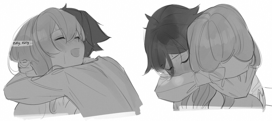 the image is a black and white sketch of two women hugging each other. one woman is being embraced with her eyes closed and a slight blush on her cheeks, while the other is smiling with her eyes closed and saying "easy, easy..." the image conveys a sense of comfort and intimacy.
