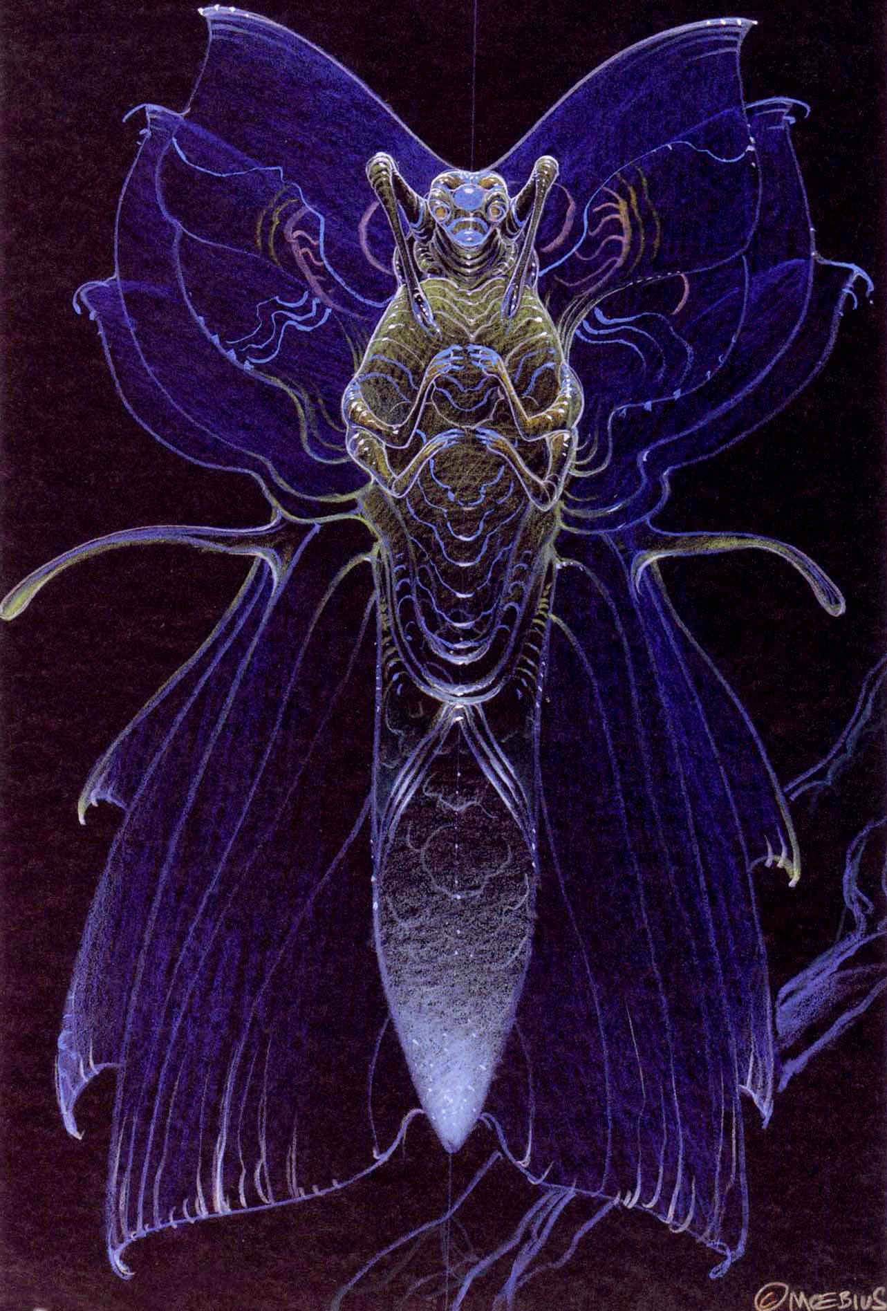 he image is a detailed drawing of a fantastical creature that resembles a moth or butterfly with an alienlike body. its wings are large and intricate, with delicate veins and a translucent quality. the body is insectoid in form but with a smooth, almost metallic texture. the colors are primarily dark purple and blue, with glowing accents that give the creature an otherworldly appearance. the style is highly detailed and reminiscent of the work of artist moebius. the background is dark, enhancing the creature's luminescence.  the overall mood is mysterious and surreal.