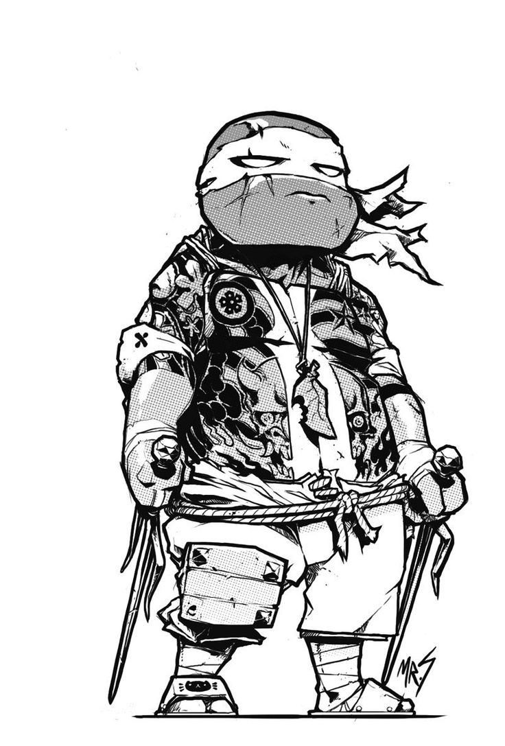 a black and white illustration of a ninja turtle warrior, wearing a bandana, mask, and carrying katanas. the turtle is drawn in a very detailed and stylized manner.