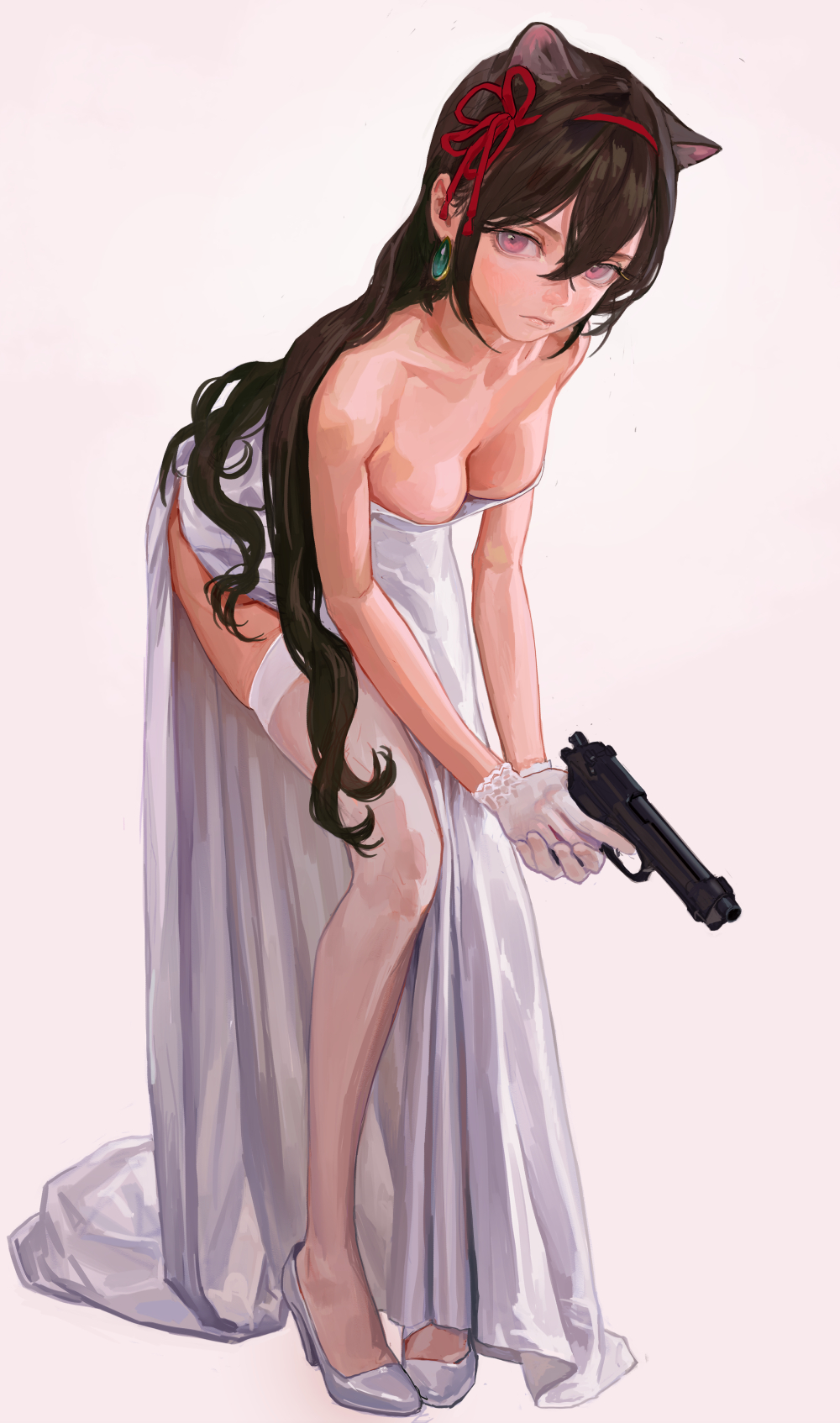 a woman with cat ears, a red ribbon in her hair, glasses, a white dress, white stockings, and white gloves holds a gun.